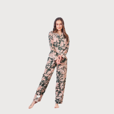 Floral Printed Pure Cotton Night Suit | Olive - L