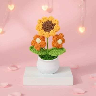 Crochet Sunflower Artificial Flower Bouquet In Pot | Ideal For Gifting