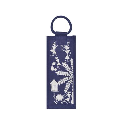 Carry Bag - Bottle Bag Warli Print | Eco-friendlyJute Bag | Blue | 14 x 5 x 4.5