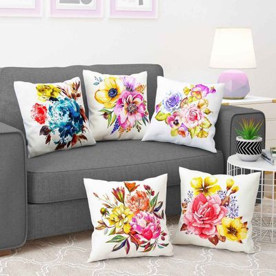 Red & Blue Floral Polyester 5 Units of Helio Cushion Covers