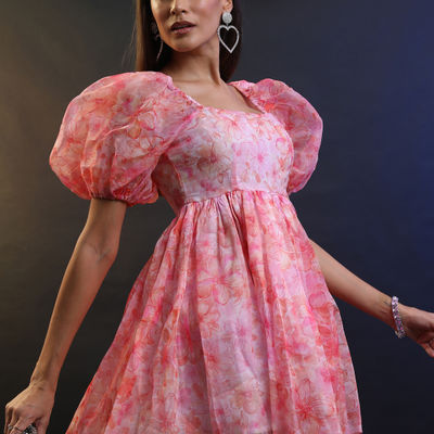 Floral Printed Puff Sleeves Gathered Detail Fit & Flare Dress | Red - M