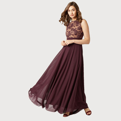 Women Round Neck Sleeveless Georgette Floral Lace Fit & Flare Maxi Dress | Beige & Wine | S