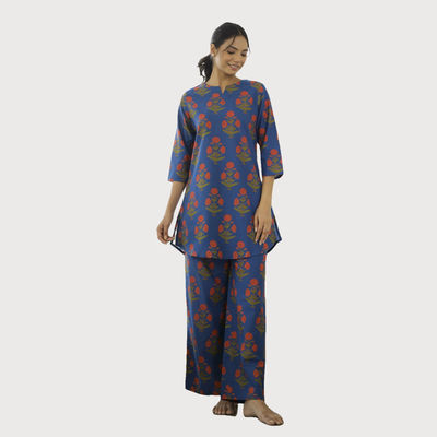 Floral Printed Pure Cotton Night Suit | Blue - S