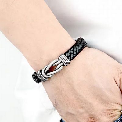 Infinity Knot Leather Bracelet DualTone Mens Woven Wristband | MB00001
