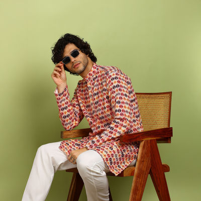 Men's Printed Long Kurta | Maroon and White - 2XL
