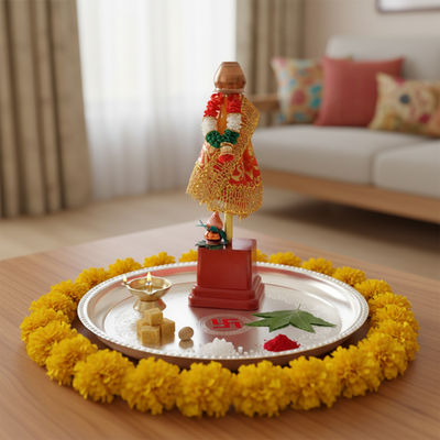 Traditional Gudi for Gudi Padwa | 9.5 inch | Kalash, Vastra & Stand | Cycle