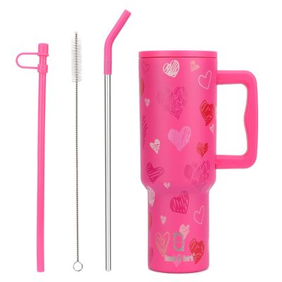 Stainless Steel Tumbler with Handle & Lid, 2 Straws | Rose Heart - 1200 ml