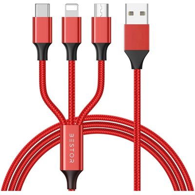 Multi Charging Cable 3 in 1 Nylon Braided Multiple USB Fast Charging Cable for Android, iOS and Type C Devices USB Port Connectors Compatible Smart Phones & Tablets - Red