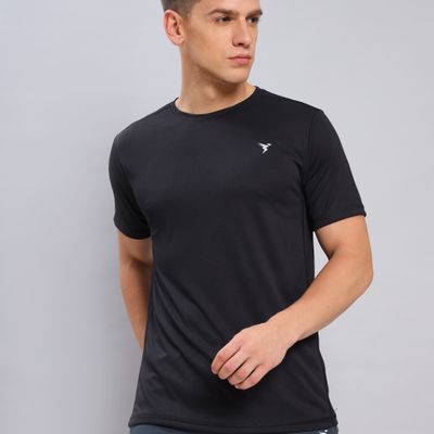 Men's Poly Solid Slim Fit Round Neck Sports T-shirt | Black - M