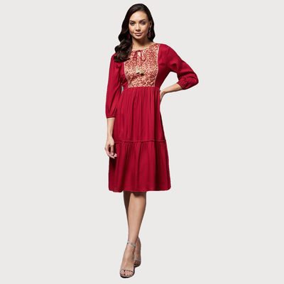 Women Round 3/4 Sleeve Viscose Rayon Self Design Gathered Midi Dress | Maroon | M