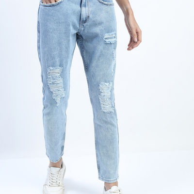 Men's Tapered Fit Highly Distressed Heavy Fade Stretchable Jeans | Blue - 32