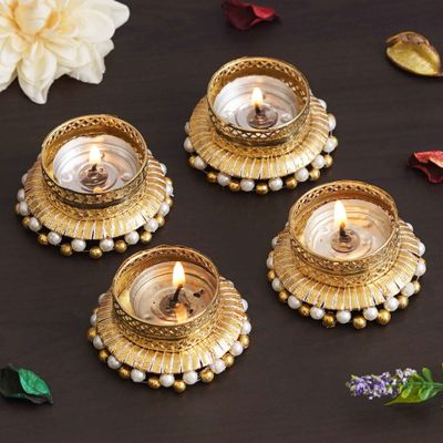 Set of 4 Golden & White Round Shaped Beaded Decorative Tea Light Candle Holders