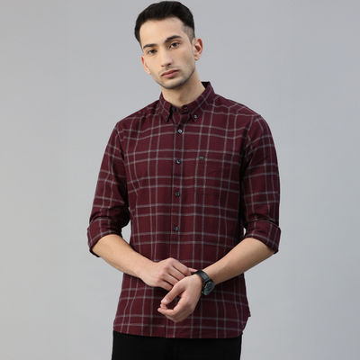 Men Slim Fit Checked Button-Down Casual Shirt - Andreas | Maroon | L