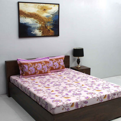Ivyrose 110 Tc 100% Cotton Queen Bedsheet With 2 Pillow Covers - Pink Purple