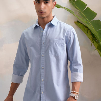Classic Slim Fit Vertical Striped Spread Collar Cotton Casual Shirt | White & Blue | XL