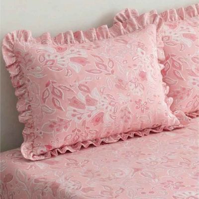 Elastic Fitted Double Bedsheet | 2 Frill Pillow Covers | Polycotton | Pink