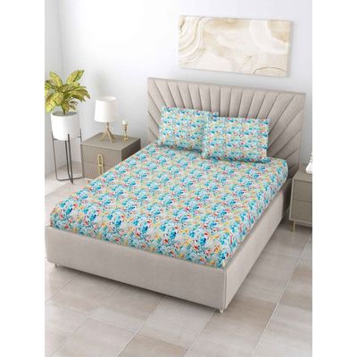 Dream Lover 104 TC 100% Cotton Blue Floral Super King Size Bedsheet & 2 Pillow Covers