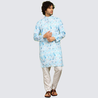Men's Printed Long Kurta | Light Blue - 2XL