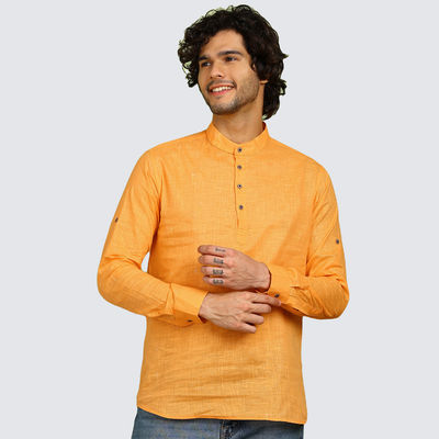 Men's Solid Short Kurta | Yellow - XL