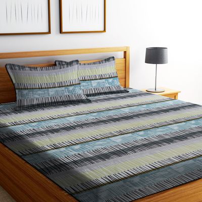 Dream Living Micropeach Even Lines | 135 Gsm Double Bedsheet With 2 Pillow Covers | Blue &Grey