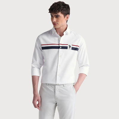 USPA Men's Shirt - Cotton Striped Casual Shirt - Tailored Fit - White - S