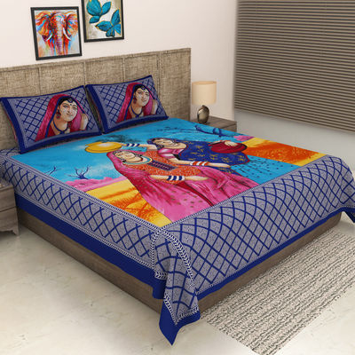 104 Tc Cotton Double Printed Bedsheet | Pack Of 1, Blue Shade)
