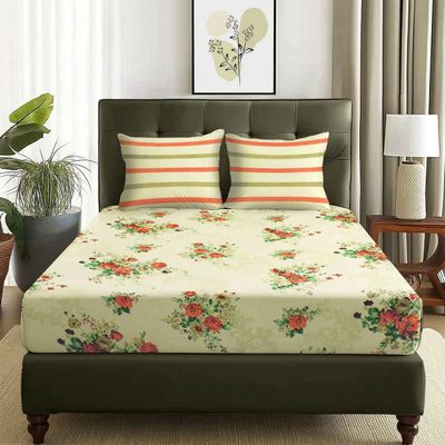 144 TC Cotton Double Printed Flat Floral Bedsheet | Cream & Orange | 98 x 89 in