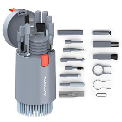 (ACK-01) 20-in-1 Cleaning Kit for Smartphones, Tablet, PC Computer, Laptops, Keyboards, DSLR Camera Lens, Earphones, Airpods with Screen Dust Brush, Key Puller & Spray Bottle - Grey