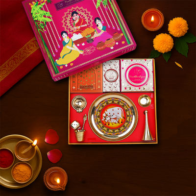 Eco Pooja Gift Set for Diwali-Dhanteras | Brass Set, Ganesh Laxmi Idols, Cones, Diyas | Pankhudiyan