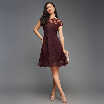 Women Round Neck Cap Sleeves Lace Knee-Long Skater Dress | Wine | XL