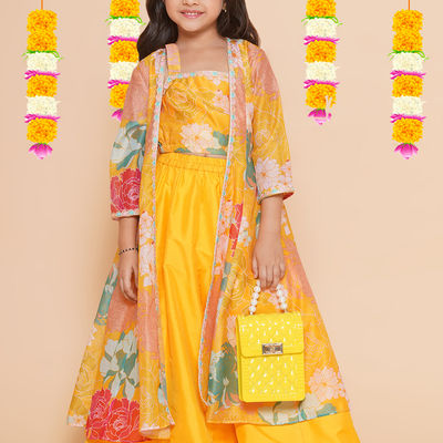 Girl's Silk 3/4th Sleeves Printed Flared Lehenga Set | TLHC098 | Yellow | 3-4 Yrs