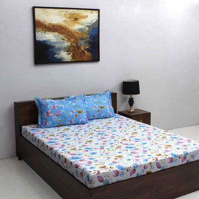 Ivyrose 110 Tc 100% Cotton Queen Bedsheet With 2 Pillow Covers - Blue Purple