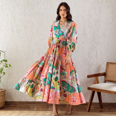 Women Fit and Flare V Neck Maxi Dress | 12085 | Multicolor - S