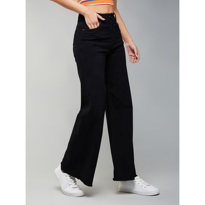 Women High Rise Clean Look Regular-Length Stretchable Wide Leg Denim Jeans | Black | 28