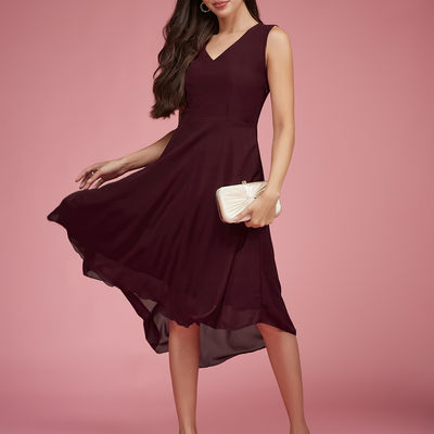 Women Maroon V-Neck Sleeveless Solid High-Low Midi Skater Dress | Maroon | S