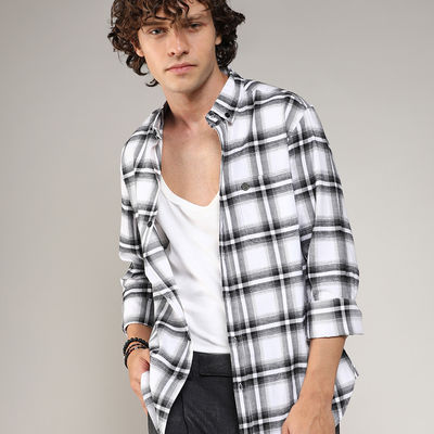 Men's Brushed Buffalo Check Shirt | Chalk White & Midnight Black - XL