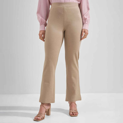 Women Solid Slim Fit Mid Rise Boot Cut Trouser | BEIGE | 28