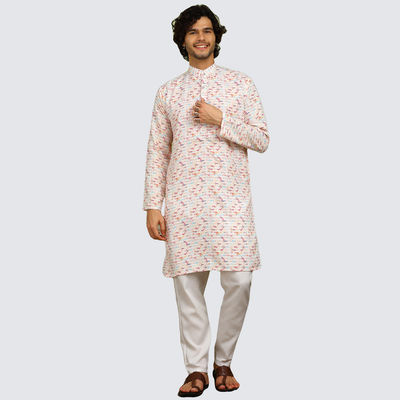 Men's Printed Long Kurta | Cream - M