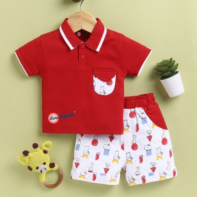Infants Collared Half Tshirt and Half Pant Set | Red | 0 - 3 Months