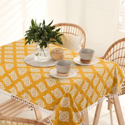 4 Seater Table Cover with Tassels, 52" x 72" - Mustard Motif