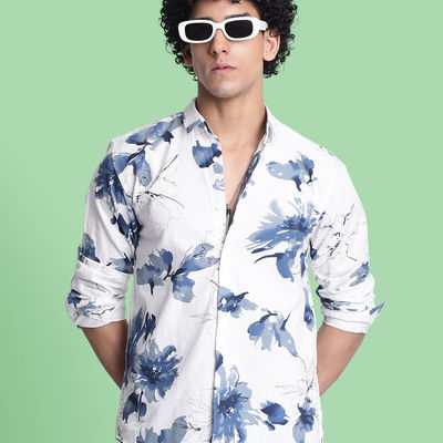 Men's Slim Fit Floral Printed Cotton Linen Casual Shirt | Off White - S