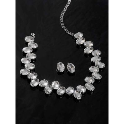 Silver Stone Necklace Set for Women | A5 Crystal Rhodium Plated Jewellery