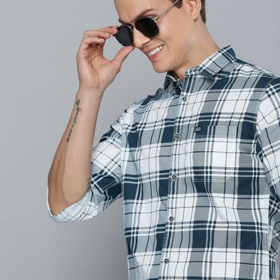 Men's Slim Fit Checked Casual Shirt | White - M