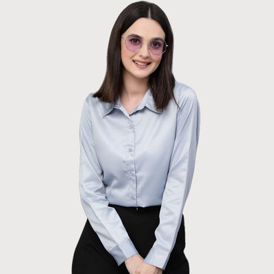 s Women Solid Light Grey Satin Formal Shirt-M