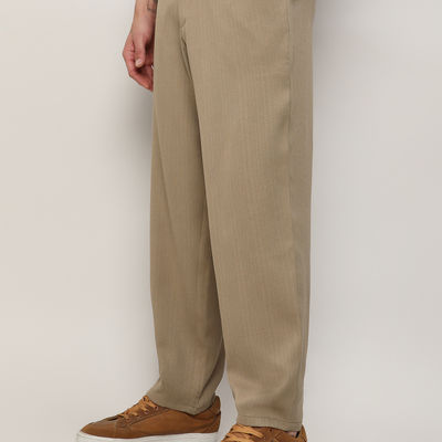 Men's Solid Tailored Trousers | Brown Beige - 32