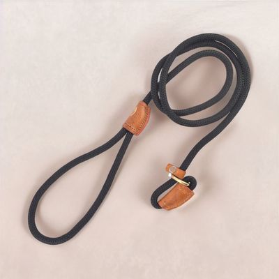 Vama Leathers British Style Slip Training Leash Heavy Duty Rope. Brass Ring. 1 Cm X 5 Feet-Black