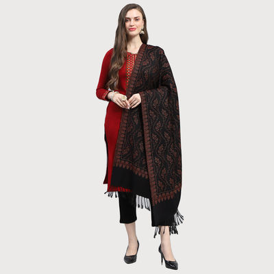 Monte Carlo Womens Self Design Black Reversible Shawl (224Shw7083-0-40) (L 200 Cm X W 100 Cm)
