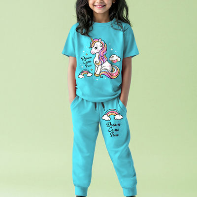 Girls Printed Round Neck T-Shirt & Track Pants Set | Sky Blue | 2-3 Years