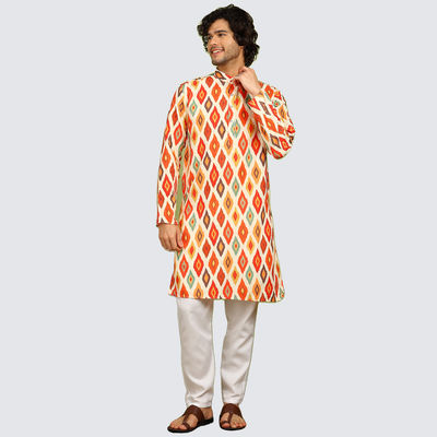 Men's Printed Long Kurta | Orange - M