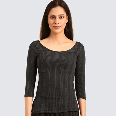 Women's Boat-Neck Three-Fourth Sleeves Thermal Top | 7002 | Dark Grey - 80